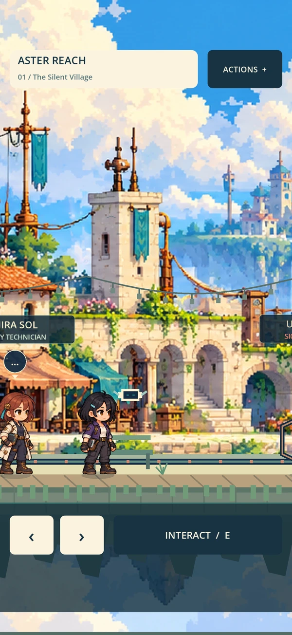 Side-scrolling exploration in Aster Reach, with the hero on its lantern-lined promenade.
