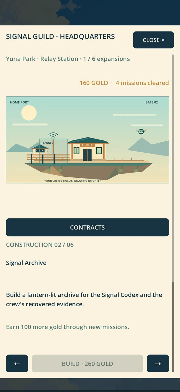 The headquarters screen showing crew construction, earned resources and the next mission.